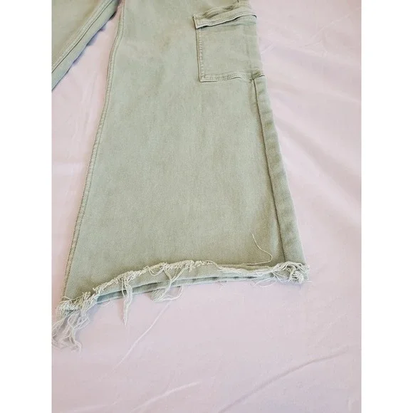 RISEN JEANS Women Size 11 Sage Green Wide Leg Cargo High Rise Distressed Hem - Picture 12 of 16